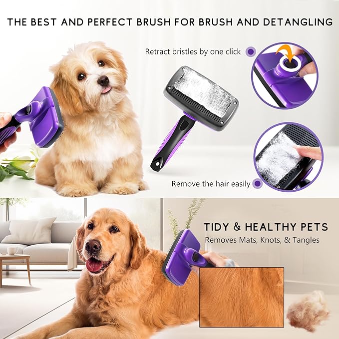 4 in 1 Pet Grooming Kit, Self Cleaning Slicker Brush for Dogs Cats & Small Animals, Dog Brush for Shedding Short Long Haired Dogs. Removes Loose Undercoat, Tangled Hair, Bath Brush