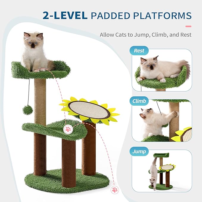 Made4Pets Cactus Cat Tree, Green Cat Tower with Plush Perch for Small Indoor Kittens, Cat Scratcher with 2 Levels Platform for Kitty, Sunflower Scratching Pad and Sisal Post