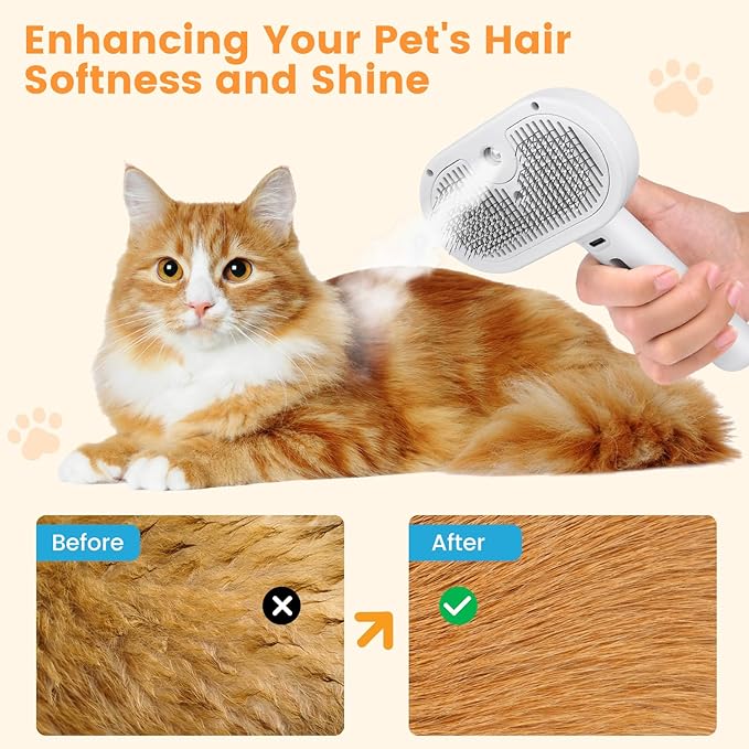 3 in 1 Cat Steam Brush, Pet Spray Hair Removal Comb for Shedding & Grooming, Water Brush for Cats Dogs Small Animals Long Short Haired with One-Click Release Button(White)