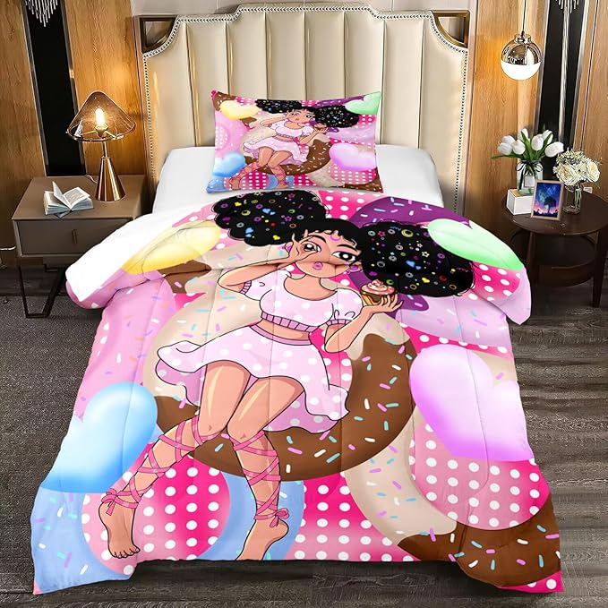 African American Girls Comforter Set Twin - Black Girl Comforter Set - Kids Comforter Sets for Girls Bedroom Decor Pink Donut Girl Pattern Prints 2 Piece Quilt Set with 1 Pillowcase