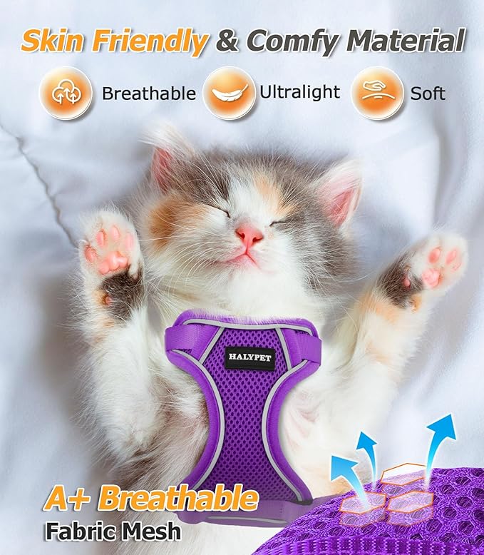 Halypet Cat Harness and Leash Set [MAX Safety 4th-Gen Upgrade] Escape Proof Adjustable Cat Leash Comfortable Soft Vest Easy to Wear Kitten Harness with Reflective Strip for Cats Walking, M Purple