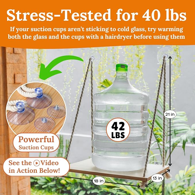 Cat Window Perch - Cat Hammock for Window - Solid Wood Seat & Strong Suction Cups - Cat Window Bed & Furniture for Cats Inside - Hanging Window Shelf for Small Medium Indoor Cats