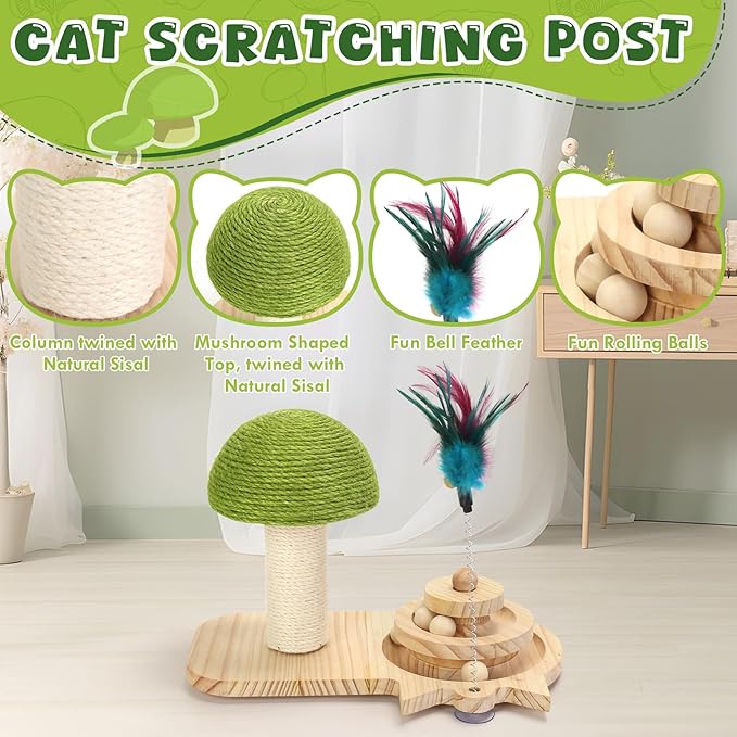 Cat Scratching Post, Sisal Mushroom Scratcher, Interactive Cat Toy with Ball and Bell Feather for Kittens and Small Cats
