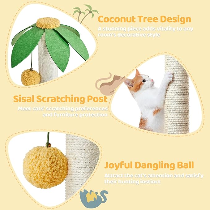 Yaheetech Cat Scratching Post, 37in Cute Coconut Palm Cat Scratcher w/Natural Sisal Rope, Coco Leaf, Dangling Pompom, Bending Perch, Cozy Condo Cat Scratching for Indoor Cats, Green/Yellow