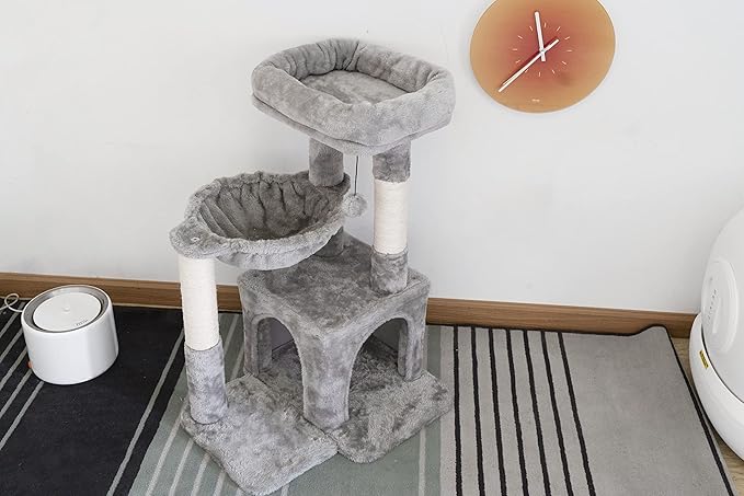 Pesofer Cat Tree, Small Cat Tower with Sisal Scratching Post and Hammock Light Gray