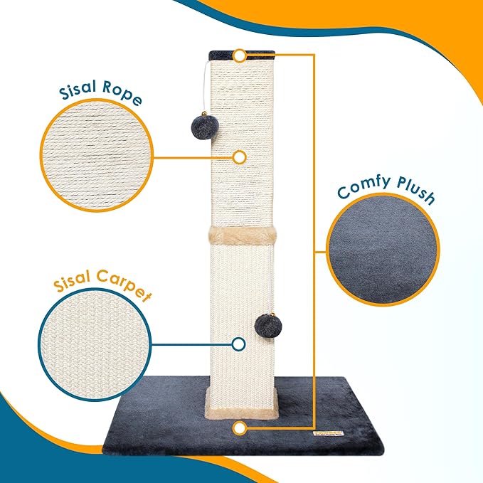 PAWBEE Cat Scratch Post Tower - 32” Tall Cat Scratching Post with Jingle Bells and Plush Balls - Sisal Cat Scratcher with Larger Base for Better Stability - Cat Scratching Posts for Indoor Cats