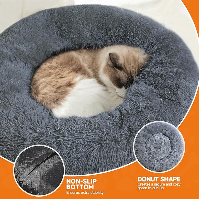 Small Dog Bed,Cat Beds for Indoor Cats, Removable Cat Bed, Fluffy Round Pet Bed Non-Slip, Calming Soft Plush Donut Cuddler Cushion Self Warming for Small Dogs Kittens, Dark Grey, Large