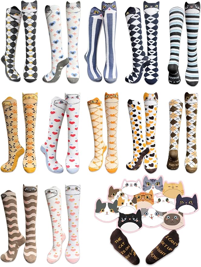 12 Pairs Cute Cat Knee High Socks for Women Cat Socks Women Knee High Socks Novelty Gifts For Women Teenage Girls Girlfriend Animal Lovers
