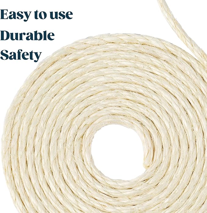 Natural Sisal Rope for Cat Scratcher 1/4 Inch by 50 Feet, Cat Tree Rope Twine for Cat Scratching Post Replacement, Cat Tower with Scratch Post Repairing, Replace, Recovering and DIY, White