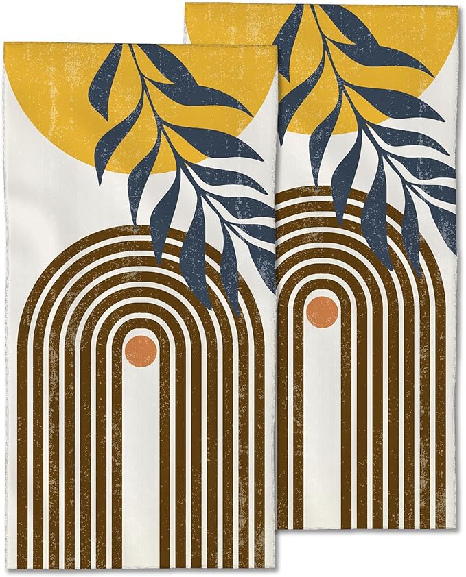 2 Pack Hand Bath Towel,Boho Sun and Leaves Fingertip Towel Bathtub Decorative Bath Towel Bathroom Kitchen Towel Set Highly Absorbent SPA Gym Towels 14x28 Inch