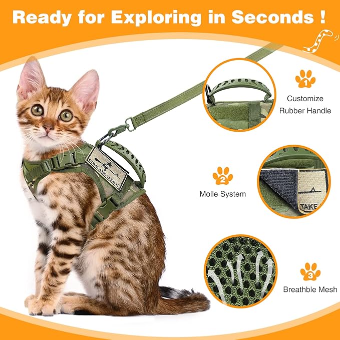 Tactical Cat Harness and Leash Set for Walking Escape Proof, Adjustable Large Cat Vest Harness with Molle Patches, Soft Mesh Padding, Rubber Handle Easy to Control
