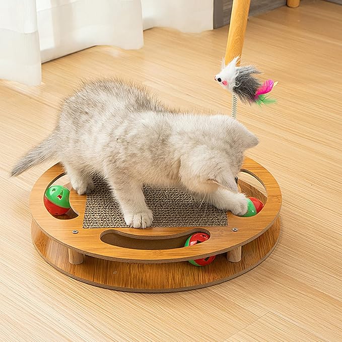 Cat Scratching Board with 4 Cat Bell Balls Toys and Spring Mouse Toy, Cat Scratcher Pad for Indoor Cats, Cat Scratcher Cardboard, Durable, Cat Self Groomer, Stable and Non-Slip, Eco-Friendly Wood