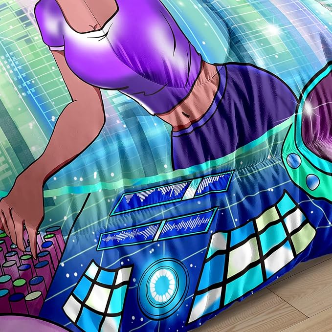 African American Comforter Sets for Girls, Full Size Comforter Set for Girls with Cool DJ Girl Pattern Soft Microfiber 3 Piece Quilt Set Green Pretty Girl Bedding Comforter Set with 2 Pillowcases