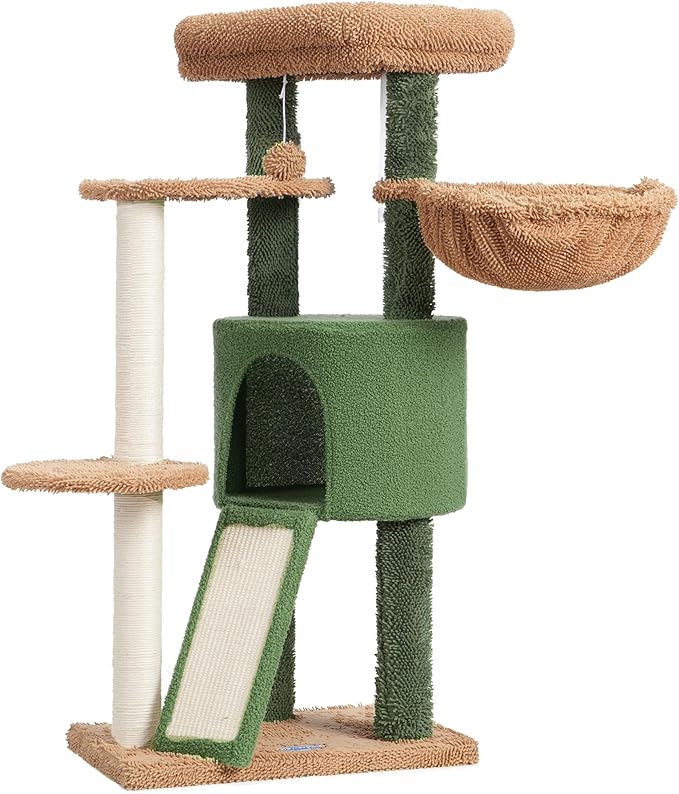 Hey-brother Cat Tree with Scratching Board, Cat Tower with Padded Plush Perch and Cozy Basket, Multi-Platform for Jump, Green and Yellow MPJ005GY