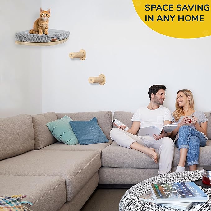 Corner Cat Wall Shelf, Wall Mount Cat Shelves with 2 Climbing Steps, Large Floating Cat Shelves for Wall, Wall Cat Bed Furniture and Perch for Indoor Cats (Wood Color)