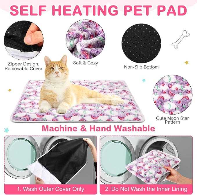 4 Pack Self Heating Cat Bed Cat Self Warming Pad with Removable Cover Extra Warm Thermal Pet Pad Washable Pet Crate Mat Anti Slip Kennel Pad for Indoor Outdoor Pets(Stars Moon,16 x 20 Inches)