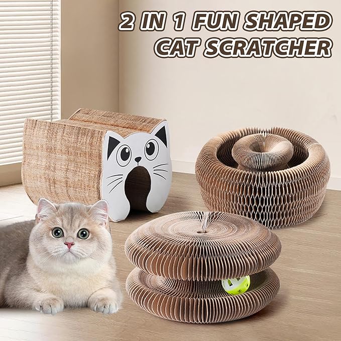 Magic Organ Cat Scratching Board, Interactive Scratch Pad with a Ball, Cat Scratcher for Grinding Claw, Recyclable and Durable, Furniture Protector, Retractable, Reversible (Round - 2 Pack)