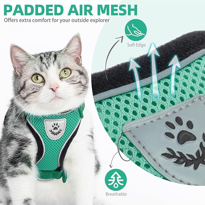 PUPTECK Cat Harness and Leash Set Escape Proof Reflective Cat Walking Harness Adjustable Soft Breathable Mesh Vest for Small Pets, Dark Green, S