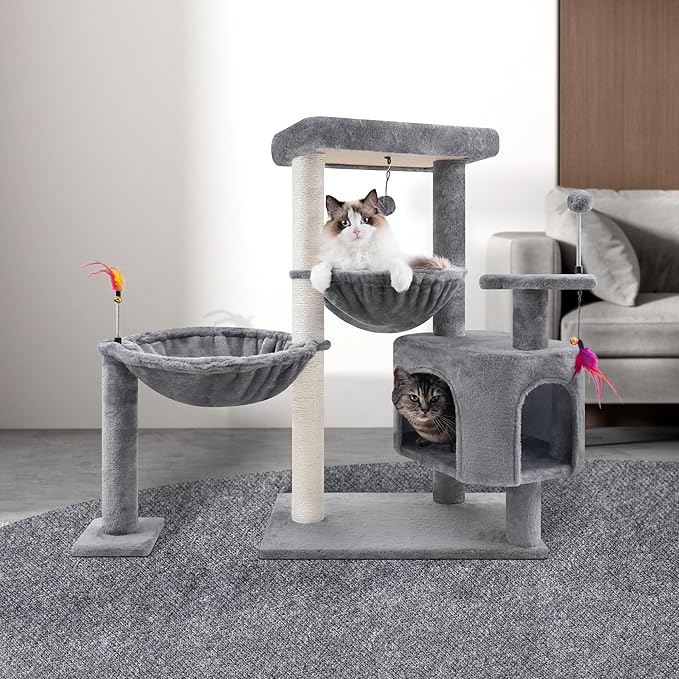 YOUPET 33.46" Cat Tree Tower with Cat Condo and Scratching Post for Indoor Cats, Activity Center Cat Furniture with Two Big Hammock and Spring Toy Balls, Grey