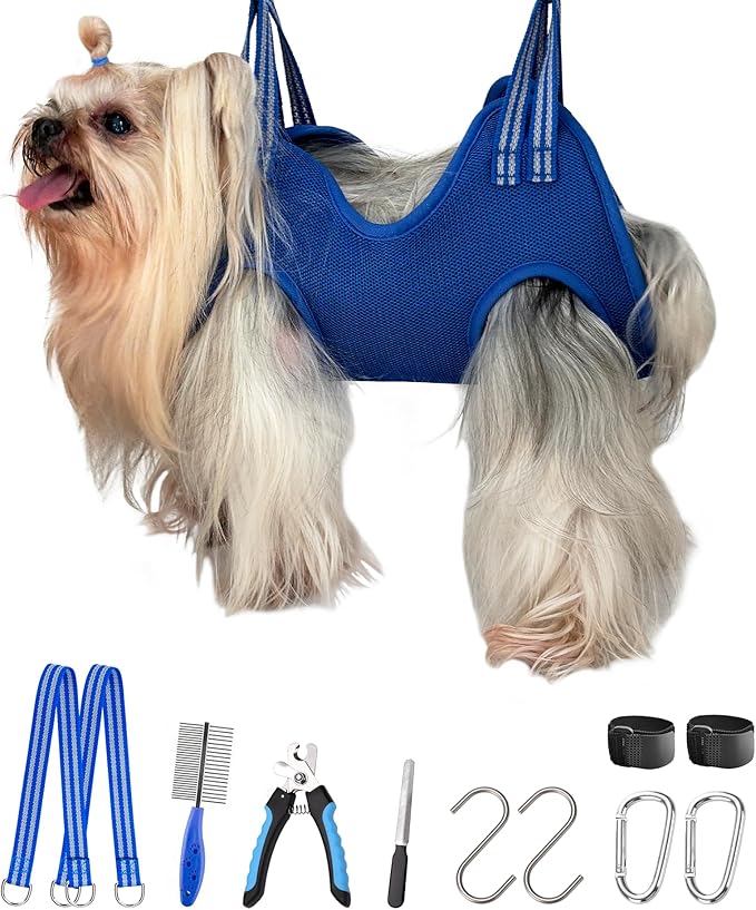 10 in 1 Pet Grooming Hammock Harness with Nail Clippers/Trimmer, Grooming Sling for Small Animals Nail Trimming/Clipping For Cat&Dog (XXS/Under 10lb Blue)