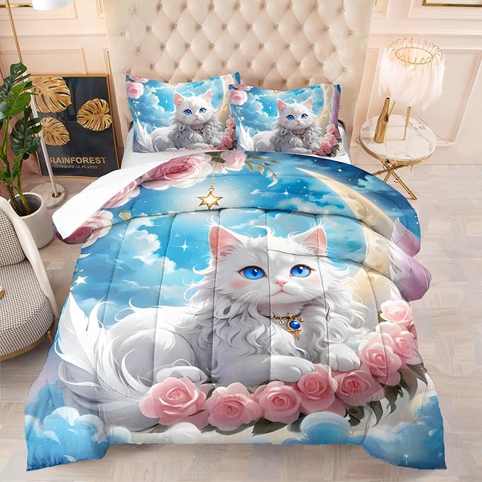 AILONEN Kids Kitten Bedding Set Twin Size,Cute Cartoon Cat Comforter Set for Girls Teens,Fairy Sky Moon Pink Rose Duvet Set 3 Piece,Beautiful Kitten Comforter with 2 Pillowcases