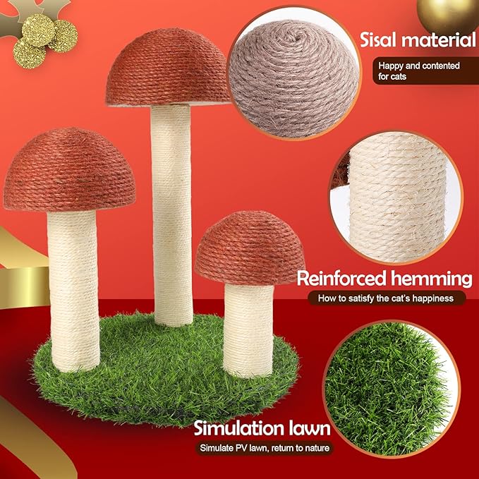PowerKing Cat Scratching Post, Mushroom Claw Scratching Post for Cat, Natural Sisal Cat Scratchers with 3 Mushroom Pole, Cat Interactive Toys