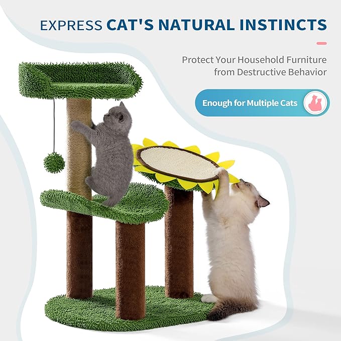 Made4Pets Cactus Cat Tree, Green Cat Tower with Plush Perch for Small Indoor Kittens, Cat Scratcher with 2 Levels Platform for Kitty, Sunflower Scratching Pad and Sisal Post