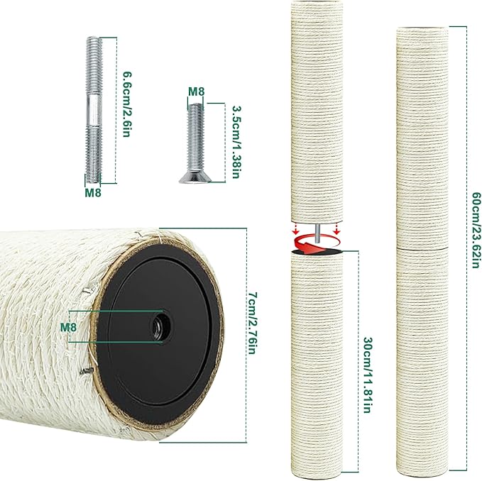 Cat Scratching Post Replacement Pole，4 PCS 11.81in Cat Tree Replacement Post，Natural Sisal Cat Tree Replacement Parts with M8 Screws，Cat Scratch Post Replacement for Refurbishment