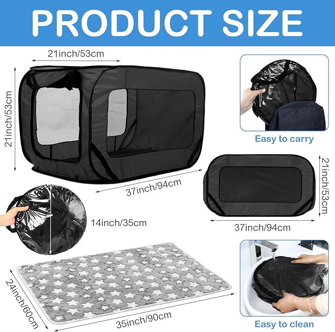 37 Inch Portable Cat Dog Crate with Mat Liner Pop up Dog Kennel Pet Tent Car Seat Travel Kennel Bed for Indoor Outdoor Waterproof Pet Crate Cage for Large Cat Medium Puppy Camping(Black)