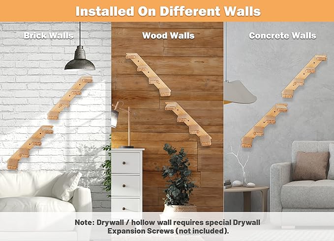 Cat Climbing Stair Shelf Wall Mounted Reversible Left & Right Direction, Cat Stairway Shelf for Climbing with Sisal Rope Ladder Cat Wall Furniture