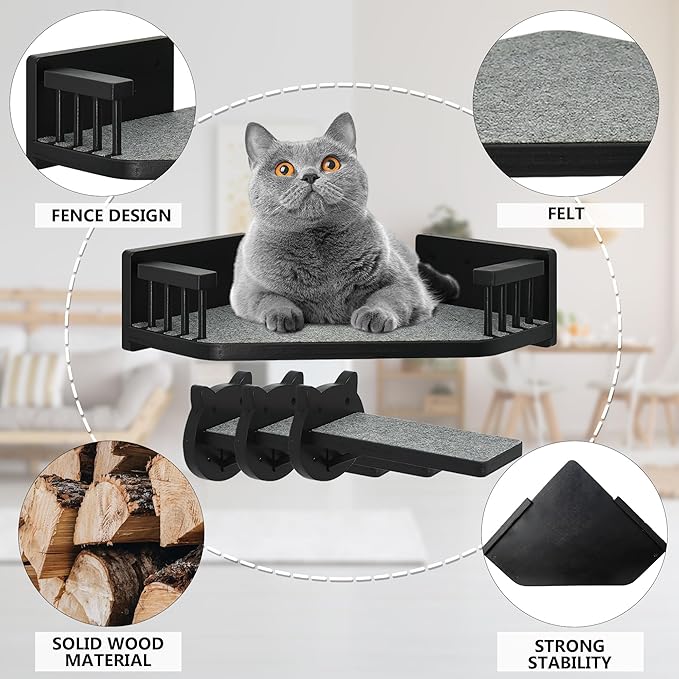 Cat Wall Shelves, Corner Cat Shelves and Perches for Wall, Cat Wall Furniture Cat Shelf with 3 Steps, Wall Mounted Cat Hammock Cat Bed with Plush Covered, Wood Cat Climbing Shelf for Indoor