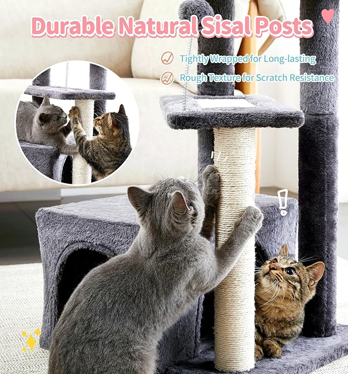 Made4Pets Cat Tree, Multi-Level Small Cat Tower for Indoor Cats, 29" Tall Cute Kitten Scratcher Condo with Sisal Scratching Post and Pad Steps, Plush Cat Cave with Pom-Pom for Small Kitty, Dark Grey
