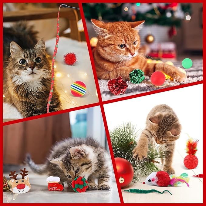 24Pcs Christmas Cat Stocking Toys Interactive Cat Toys Christmas Countdown Christmas Kitten Gift Set Christmas Hanging Stocking Xmas Cat Stocking Toy with Bibs Deer Bell Balls Xmas Tree Teaser for Cat