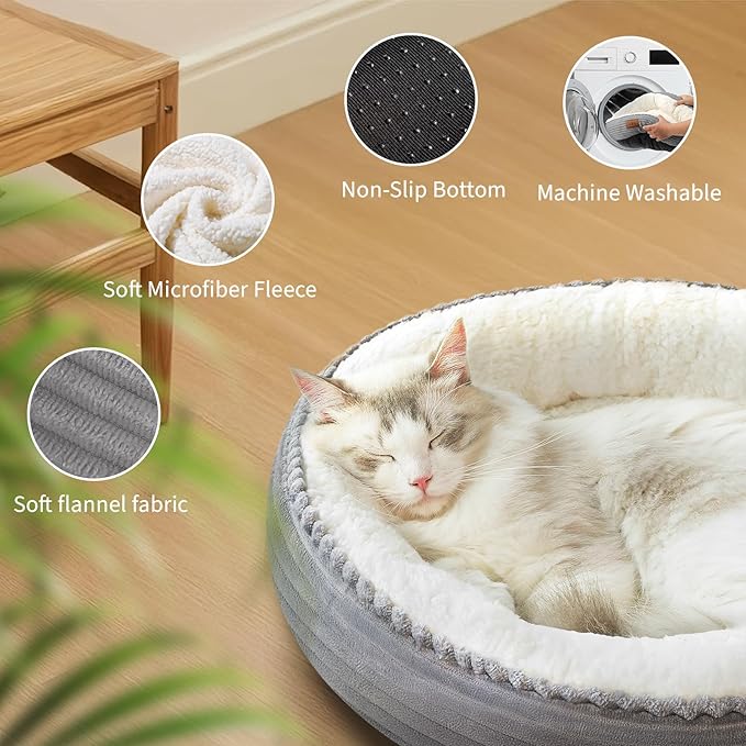 20in Washable Cat Beds for Indoor Cats - Round Donut Pet Bed for Cats, Small Dogs, Puppy, Kitten - Anti-Slip Bottom, Calming Bed Gift - Ideal for Every Home Space - Light Grey