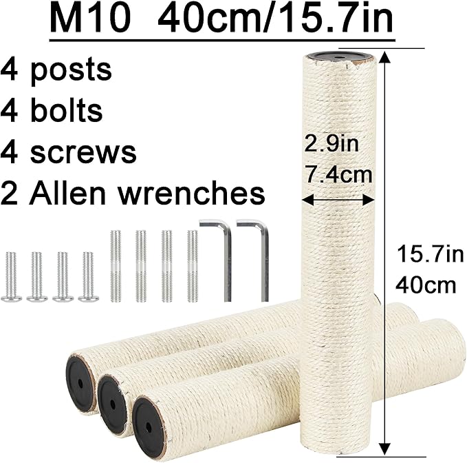 4 Pcs 2.9in 7.4cm Diameter Cat Scratching Post Replacement Pole Parts for Cat Tree (M10, 15.7in/40cm)