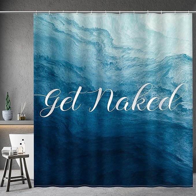 Aimego Get Naked Shower Curtain Gradual Tie Dye Blue Ombre Funny Art Font Theme Shower Curtain Set with 12 Hooks for Bathroom Decor Accessories Bathtub Curtain, 72"x72"