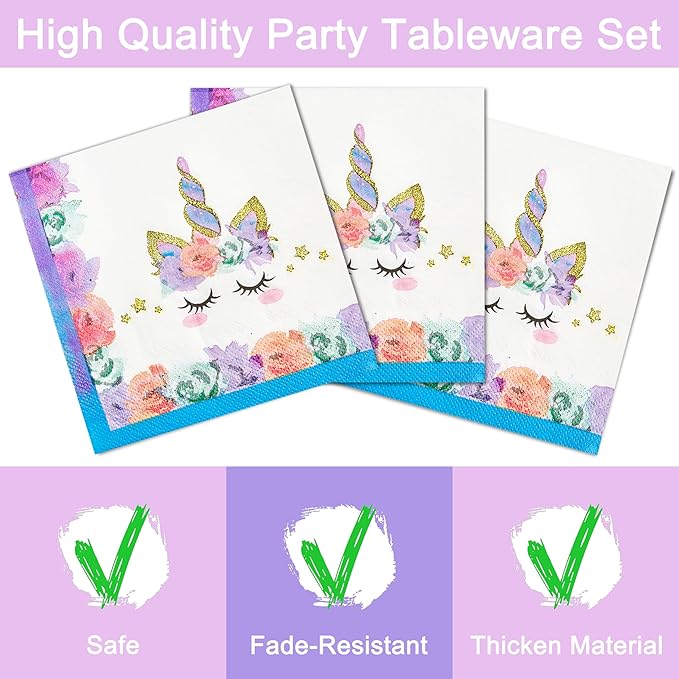96 Pcs Birthday Party Supplies Rainbow Horned Horse Plates Napkins Forks Tableware Set Disposable Decorations for Girl Birthday Party, Serves 24 Guests