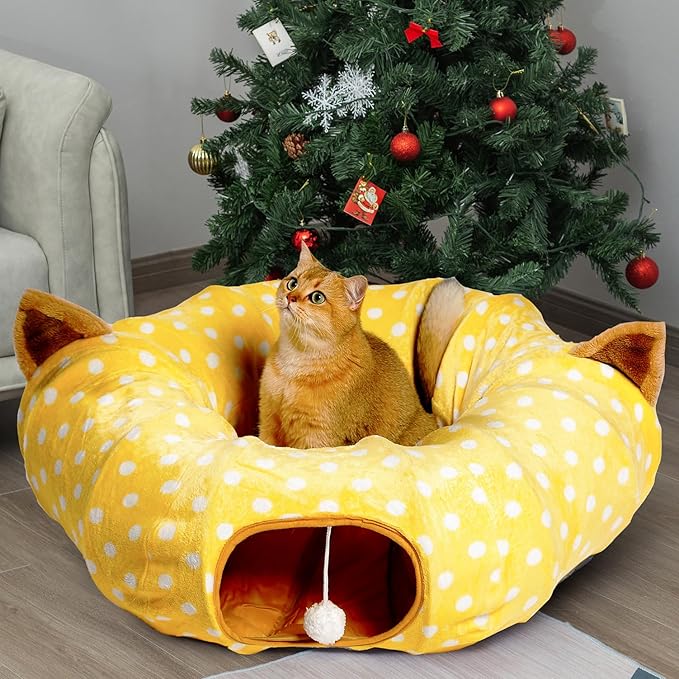 AUOON Cat Tunnel Bed with Central Mat Under Christmas Tree,Big Tube Playground Toys,Full Moon Shape for Kitten,Cat,Puppy,Rabbit,Ferret,Yellow
