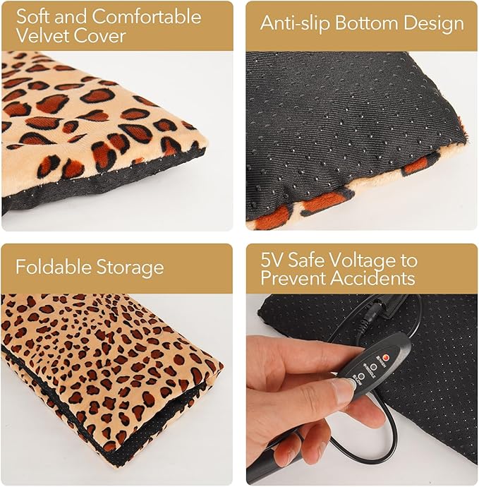 Portable Heated Pad for Cat, Puppy and Small Pet, 3-Temperature Settings, Washable, Safe 5V Voltage, Power-Bank Powered, Ideal for Indoor and Outdoor Use. 15" x 19" x 0.6" (Leopard Print)