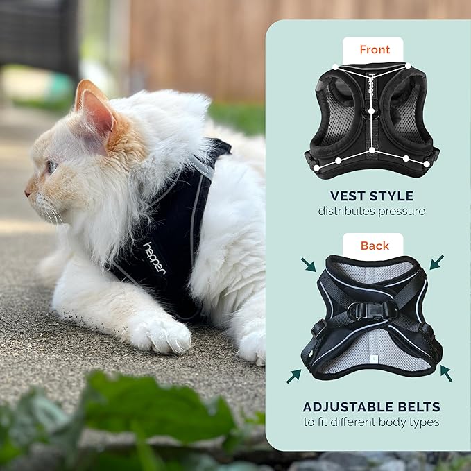 Hepper Cat Harness and Leash Escape Proof Set - Black Tactical Cat Harness with Reflective Safety Strips - Kitten or Cat Vest/Cat Jacket/Cat Walker (XL)