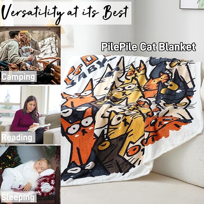 2025 Best Gift Cat Original Designer Throw Blanket, Warm Soft Cute Cat Lover Gifts for Women, Cat Mom Gifts for Cat Lovers, Funny Cat Themed Gifts Blanket for Kids, Birthday Christmas, White