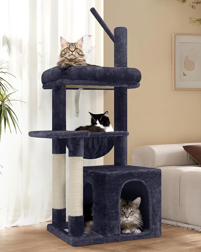 F46A Compact Cozy Cat Tree Tower | 46-Inch Sturdy Cat Condo with Scratching Posts, Hammock, and Anti-Tip Kit | Ideal for Small Spaces & Large Big Cats | Premium Quality Materials, Dark Grey
