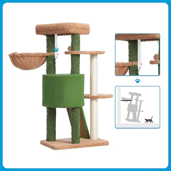 Hey-brother Cat Tree with Scratching Board, Cat Tower with Padded Plush Perch and Cozy Basket, Multi-Platform for Jump, Green and Yellow MPJ005GY