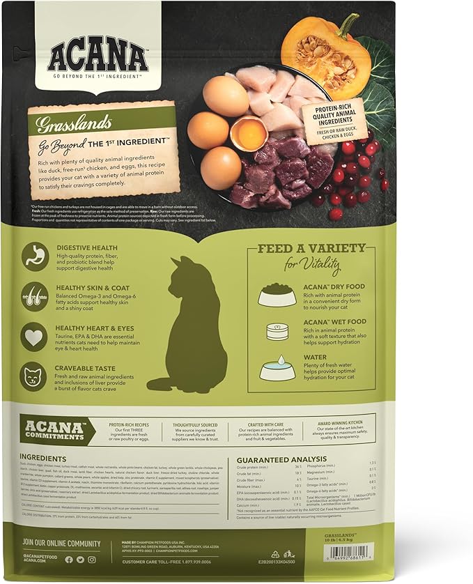 ACANA Highest Protein Grasslands Grain-Free Dry Cat Food, Duck, Free-Run Chicken and Eggs Cat Food Recipe, 10lb