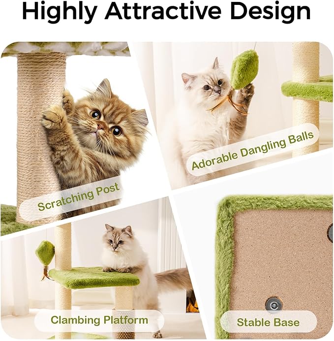 Mewoo Small Cat Tree Tower, Cat Tower with Scratching Post, Cat Trees with Removable Cat Perch for Indoor Cats Large Adult, Cute Cat Tree with Interactive Cat Toys for Kittens (Green, Large)