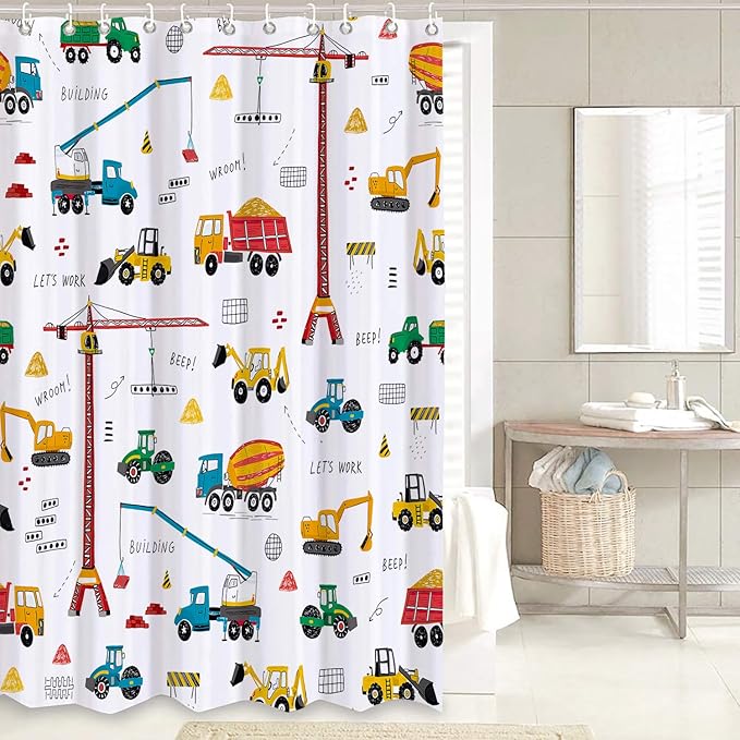 4 Pcs Excavator Kids Shower Curtain Sets, Tractor Machinery Trucks, Construction Vehicle Shower Curtain for Boys, Bulldozer Crane Bath Curtain Equipment Truck Shower Curtain Set, 72x72in