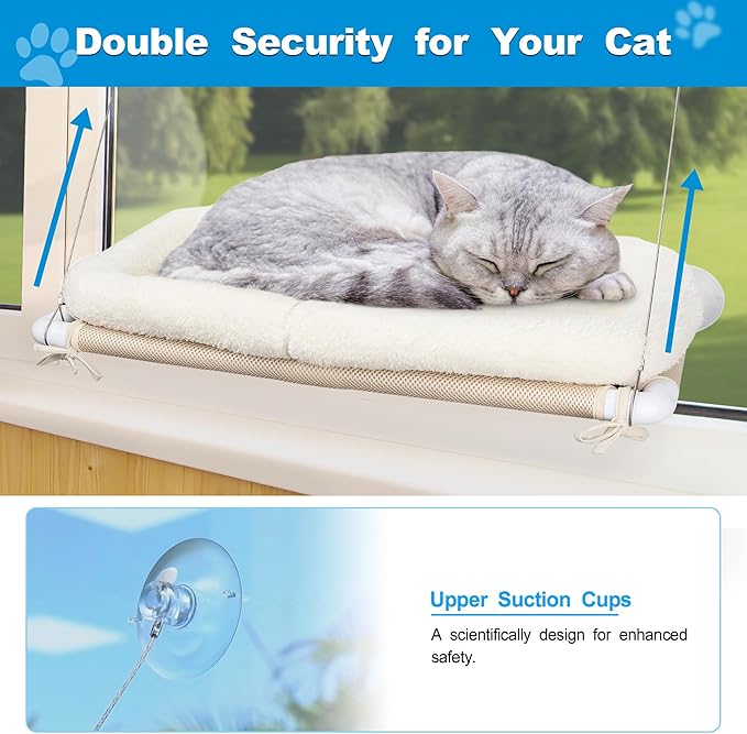 Cat Bed Window, Cat Window Hammock Window Perch, Safety Cat Shelves Space Saving Window Mounted Cat Seat for Large Cats (Cushion Bed Set)