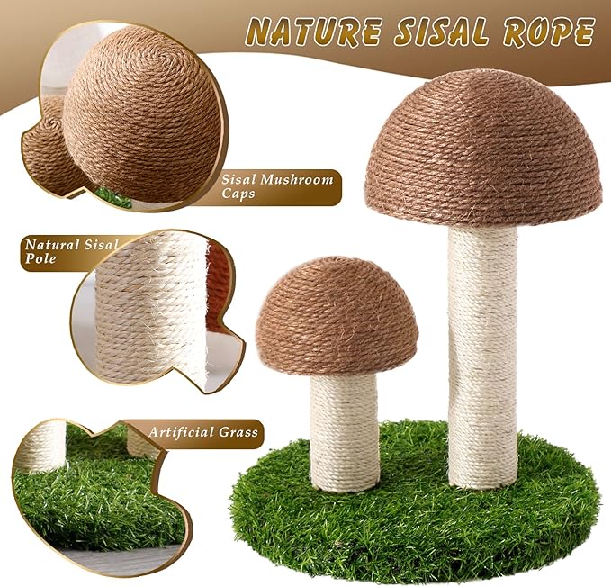 Cat Scratching Post - Mushroom Cat Scratcher Featuring with Natural Sisal Caps Scratch Pole and Sturdy Base for Kittens & Small Cats - Brown
