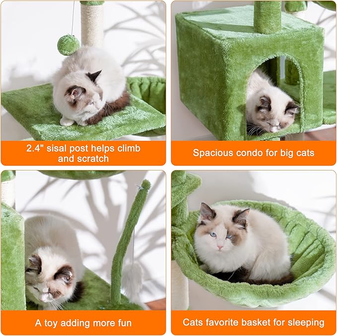 Heybly Cat Tree with Toy, Cat Tower condo for Indoor Cats, Cat House with Padded Plush Perch, Cozy Hammock and Sisal Scratching Posts, Green HCT004GR