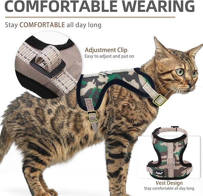 PUPTECK Cat Harness and Leash Set Escape Proof, Reflective Adjustable Soft Mesh Kitten Vest Harness for Walking Travel, Camouflage, S